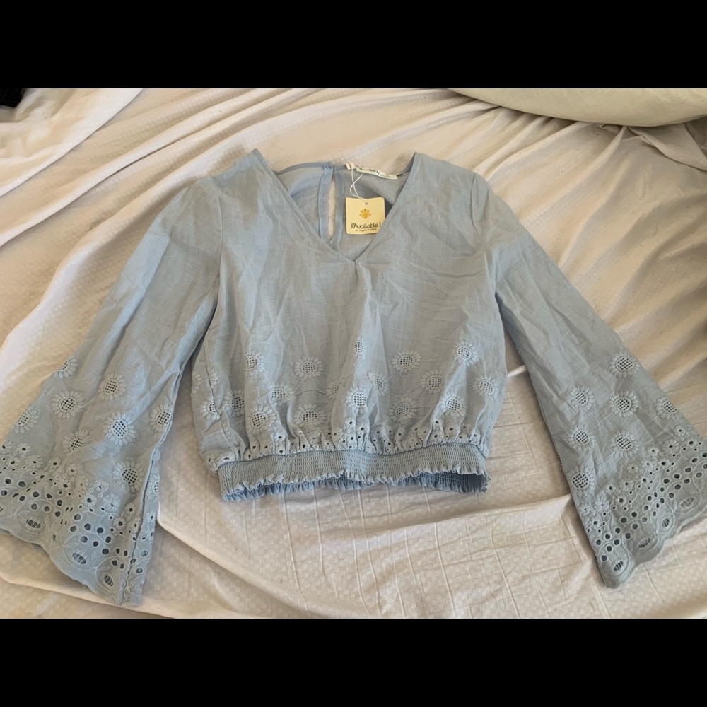 Dusty blue bell sleeve top